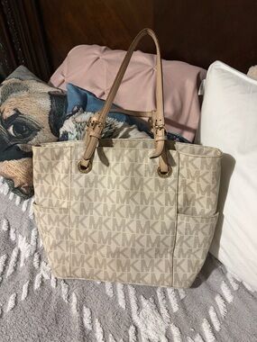 Michael Kors Beige Logo Canvas Tote with Tan Leather Straps
